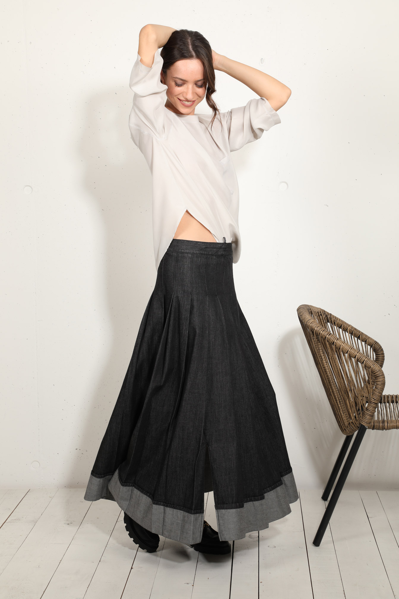 gonna a pieghe in denim di cotone
