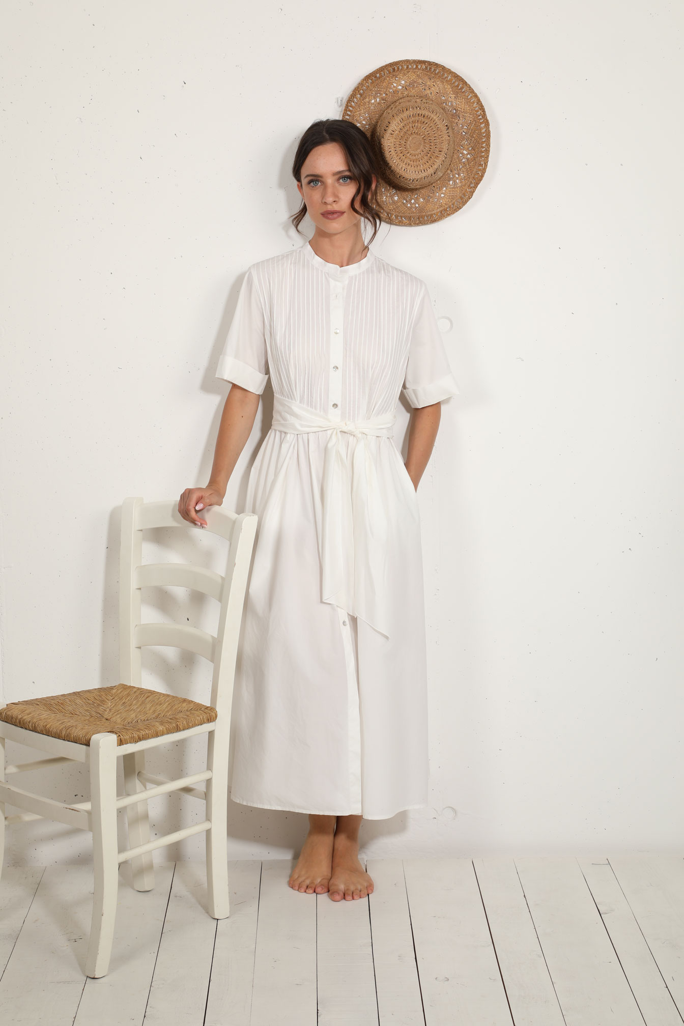 abito chemisier in cotone con cintura